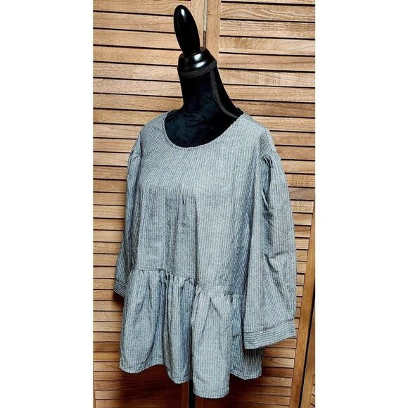 Boohoo New Plus Size 20 Gray Peplum Keyhole Stripe 3/4 Sleeve Smock Casual Top - Picture 3 of 5